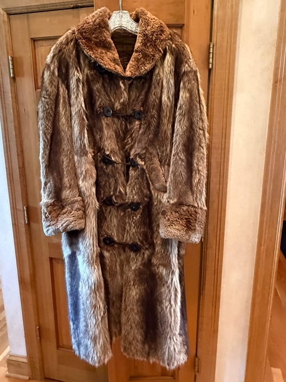 Long Raccoon Fur Toggle Coat in Brown-from the 1970s